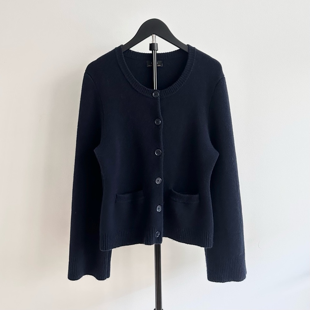 Quince Mongolian Cashmere Structured Crewneck Bell Sleeve Cardigan Navy Size L